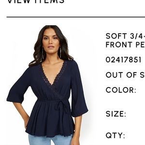New York and Company Size L SOFT 3/4-SLEEVE WRAP-FRONT PEPLUM BLOUSE